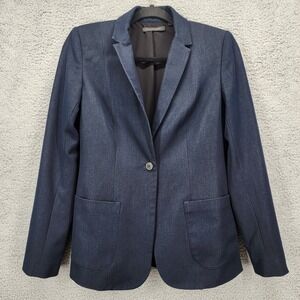 ELIE TAHARI Womens Sz 2 Navy Blue Denim Look Blazer Jacket Single Button Pockets